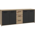 BRAND Buffet PILVI - Style contemporain - Particules mélaminé -Décor Chêne artisan et Noir- 4 portes + 3 tiroirs - L179,2 x P42 x H74,5