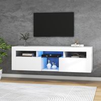 Meuble TV Bas Blanc Brillant Moderne avec Eclairage LED, Armoire TV Suspendue, 2 Portes, Etagères, 140x40x45cm