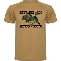 HUMOUR - Tee shirt chasse "ATTRAPE MOI SI TU PEUX" | t-shirt sable avec sanglier en tenue camouflage