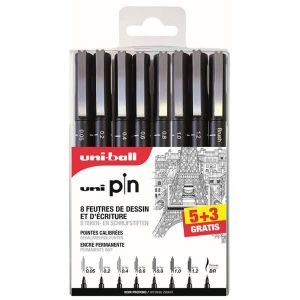 Uni Mitsubishi Pencil Pochette Feutres Noirs Fins Pointes Calibrées Fines à Moyennes 5 Feutres d’Écriture Uni-Pin Tracer Pour Écrire UNI-BALL Dessiner Encrer 
