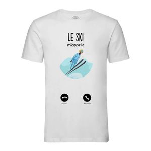 T-SHIRT T-shirt Homme Col Rond Blanc Le Ski M'Appelle Sport de Montagne