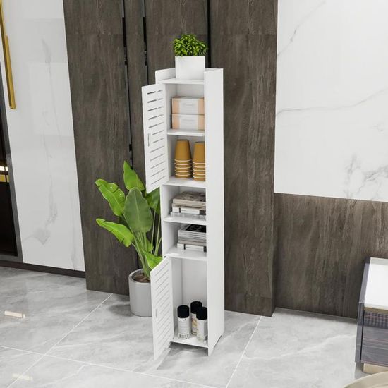 XUANYU Colonne De Salle De Bain Blanche 26x22x117 Cm - Meuble Rangement Étagères Avec 2 Portes Et 6 Niveaux - Idéal Petit Espace Toilettes Cuisine Entrée