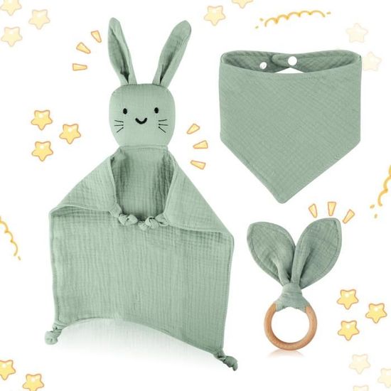 Coffret Cadeau Naissance Bébé GYHWOFUL – Doudou Lapin + Bavoir Bandana + Anneau Dentition Bois, 100% Coton Bio, Mixte Garçon Fille