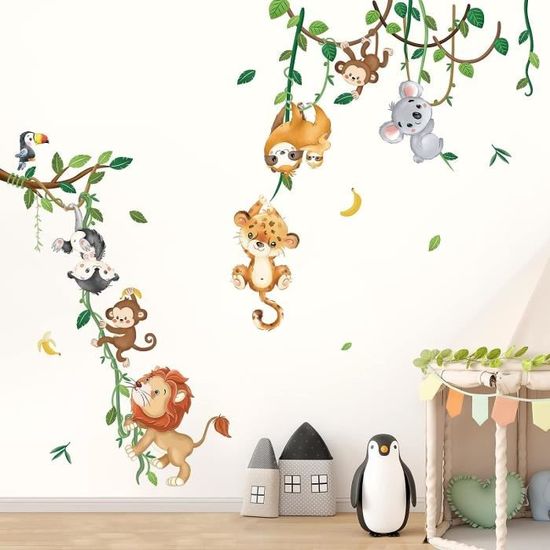 Stickers Muraux Enfants Jungle Decvictor - Lion, Singe, Paresseux, 3 Feuilles 30x90cm