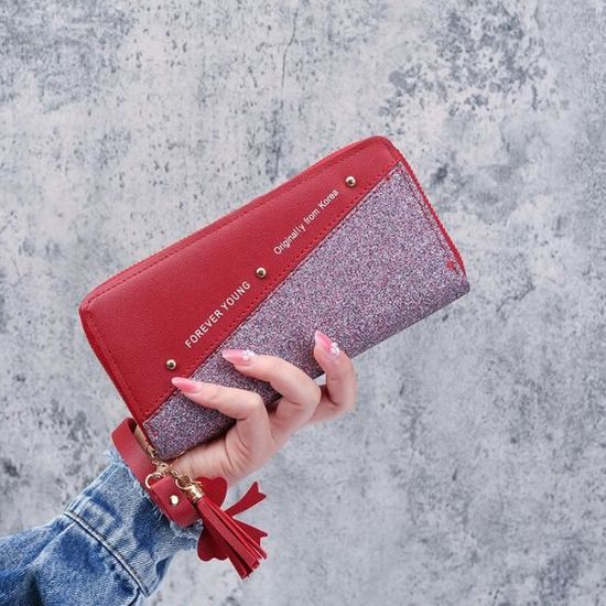 Polyester Rouge Wallet France La couleur rouge Portefeuille à paillettes en cuir Pu pour femmes, Long ...