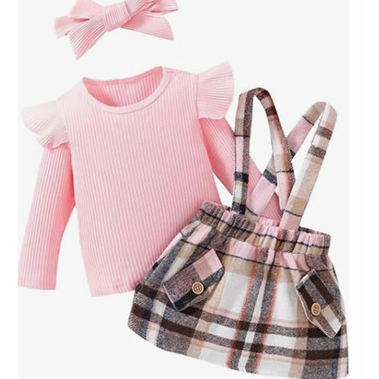 Jupe a bretelles a carreaux pour filles costume Simple pour enfants avec foulard pull a manches longues robe chemise Rose Cdiscount Pret a Porter