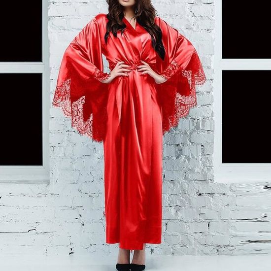 Robe de Chambre Femme Les sexy en satin dentelle Kimono longue robe peignoir Lingerie de nuit ceinture pyjamas Rouge Rouge Cdiscount Pret a Porter