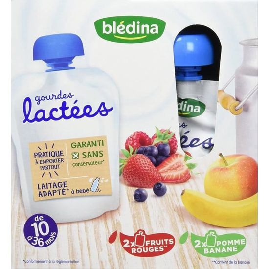 Blédina Gourdes Lactées Aux Fruits Dès 10 Mois - Lot 4 X (8 X 85g) Fruits Rouges, Pomme Banane, Fruits Exotiques