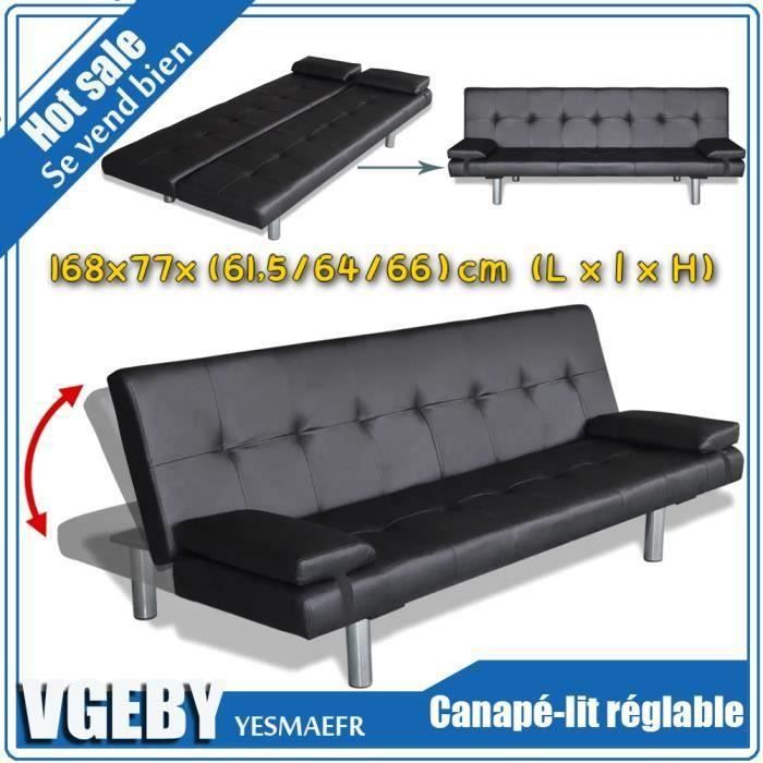 Canapé-lit réglable avec 2 oreillers Banquette clic-clac canapé-lit en cuir Canapé d'angle Canapé convertible Noir