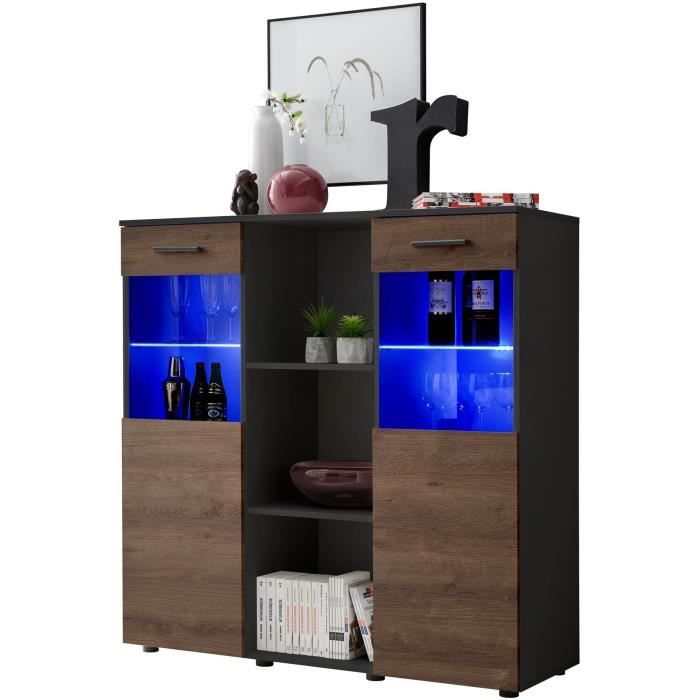 Extreme Furniture Buffet Mirror - LED bleues - Carbone Mat & Noir - Façades en Bois Mat - L120cm x H125cm x P41cm