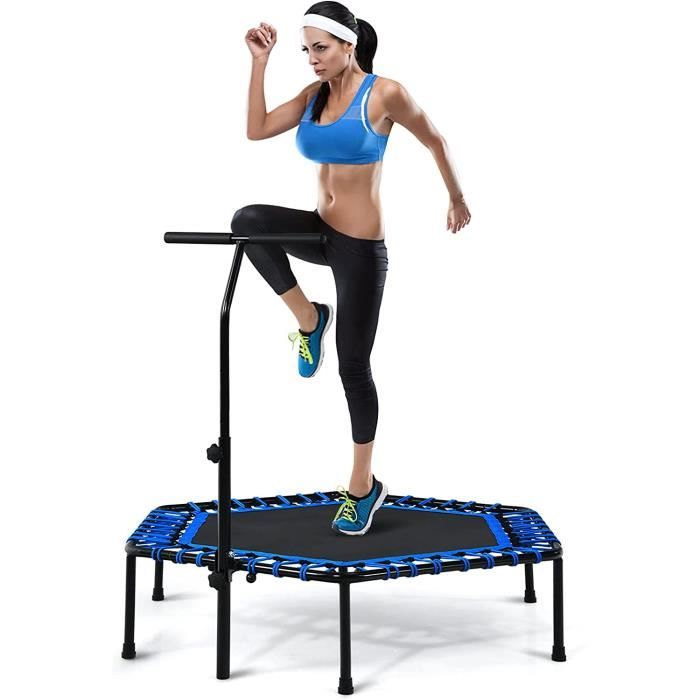 GOPLUS Trampoline de Fitness Pliable pour Adultes avec Poignée Réglable sur 3 Positions en Forme de T,Suspension par Corde,Bleu