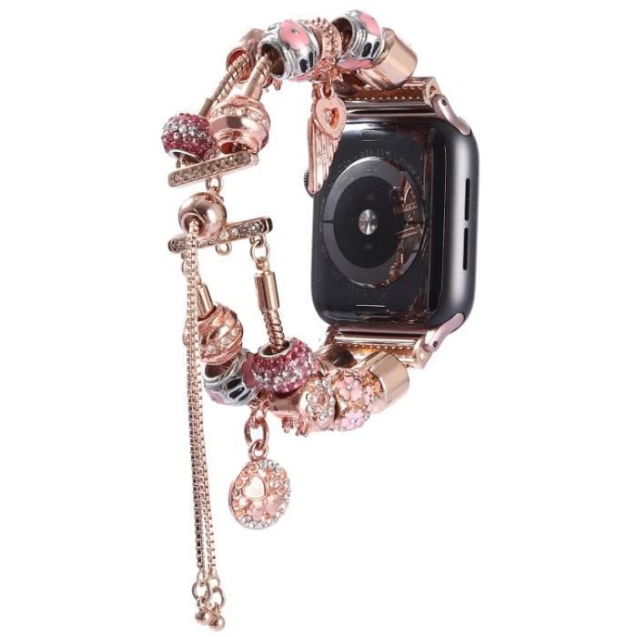 Métal Sangle+ Perles En Bois Bracelet Montre Pour Apple Watch Series 7 45Mm-6-5-4-Se 44Mm-3-2-1 42Mm - Or Rose