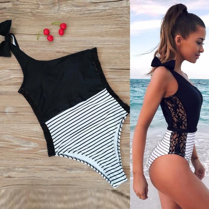 MAILLOT DE BAIN DE NATATION Femmes fille une épaule rayé dentelle capitonnée sexy de bain Maillots de bain Bodysuit 350
