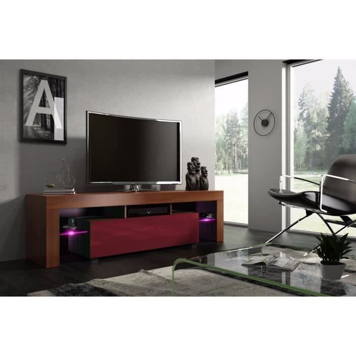 Meuble tv 160 cm noyer MDF et bordeaux laqué avec led