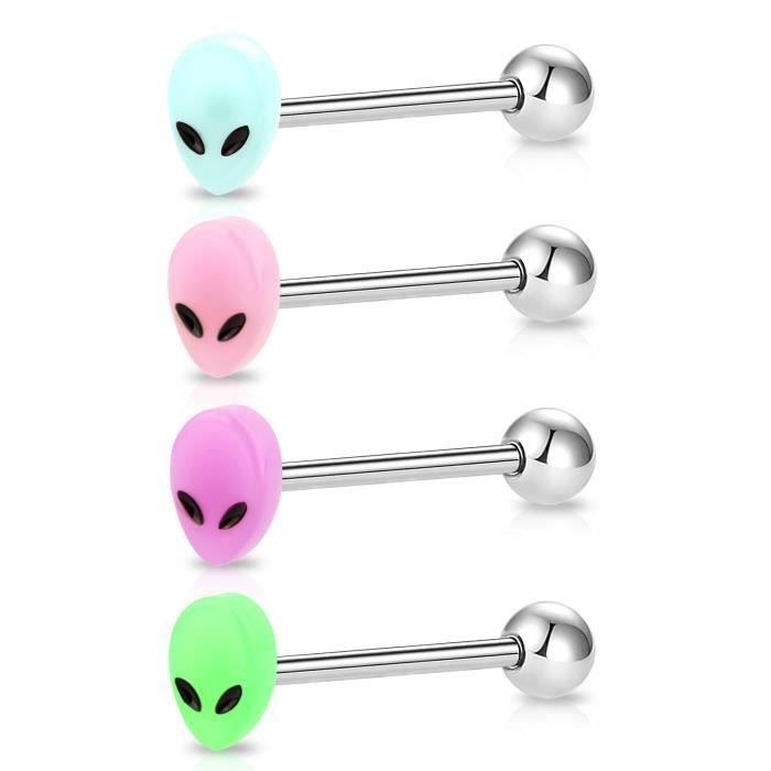 OUFER 4PCS Piercing Langue 14G Acier Chirurgical 316L avec Extraterrestre Brillant dans le Noir Piercing Barbell Barre de Langue