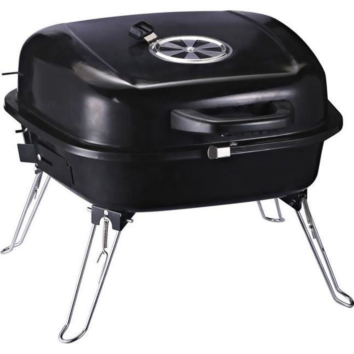 Barbecue à charbon pliable portable BBQ grill sur pied avec couvercle dim. 45L x 42l x 33H cm acier émaillé noir 45x42x33cm Noir