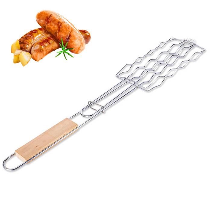 Pince à saucisse barbecue Pince à maille avec poignée en bois pour ailes de poulet Hot Dog