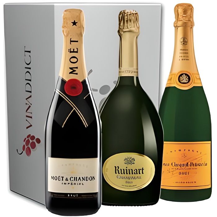 Vinaddict - Coffret Cadeau Champagne Prestige 2 - 3 Bouteilles 75Cl - R de Ruinart, Veuve Clicquot, Moët Imperial.