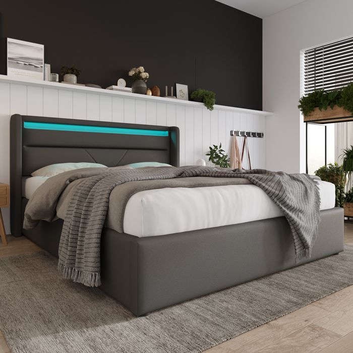 Lit Coffre 140x200 cm - Lit Double Rembourré - Tête de Lit avec Rangement - Lin - Sans Matelas - Gris