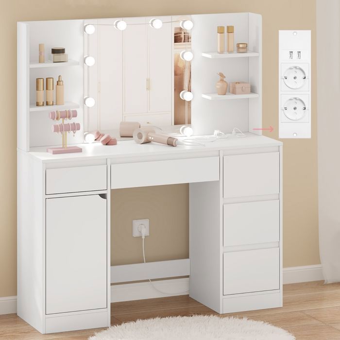 Coiffeuse WOLTU Table de Maquillage avec Miroir et Multiprise Luminosité Réglable Blanc