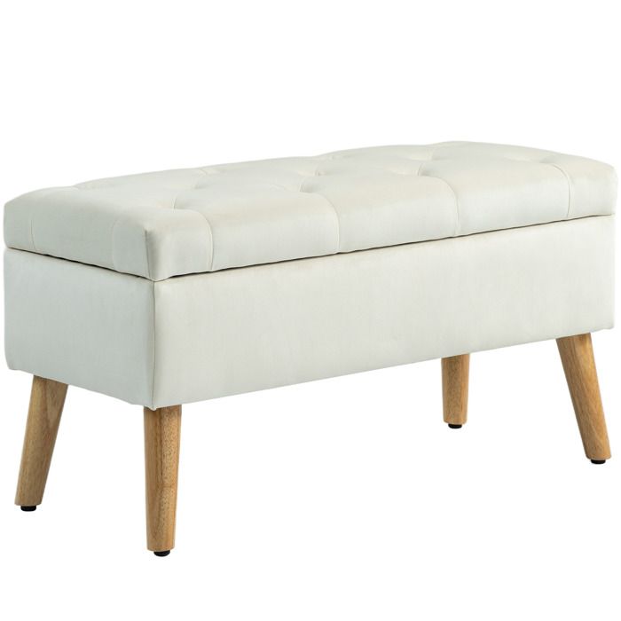 Banc de rangement - HOMCOM - avec couvercle tissu effet velours pieds en bois - charge jusquà 120 kg - 80 x 35 x 42 cm - crème