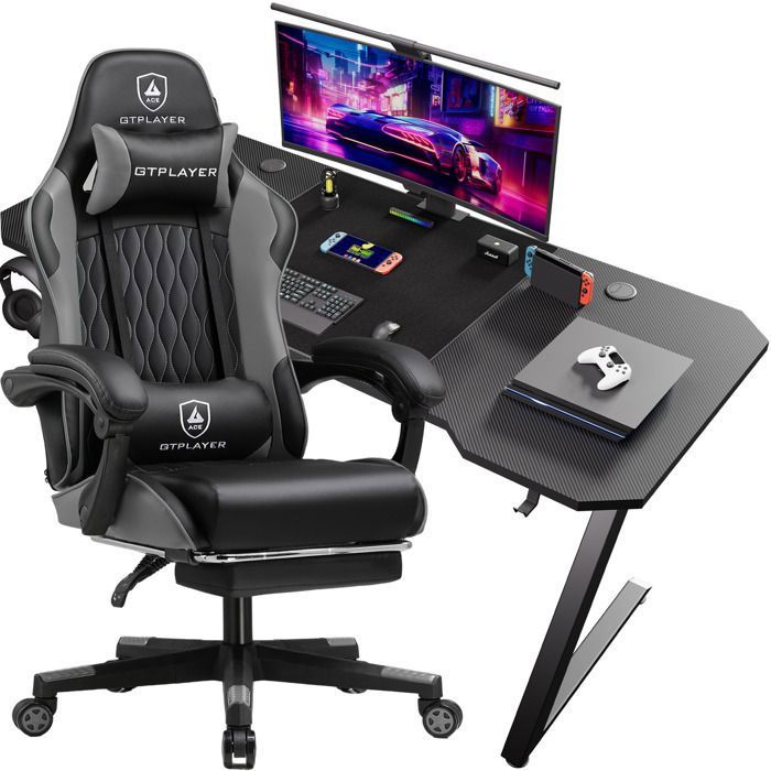 Chaise Gaming+Bureau de Gaming avec Repose Pied TélescopiquePour le bureau et le chambregris
