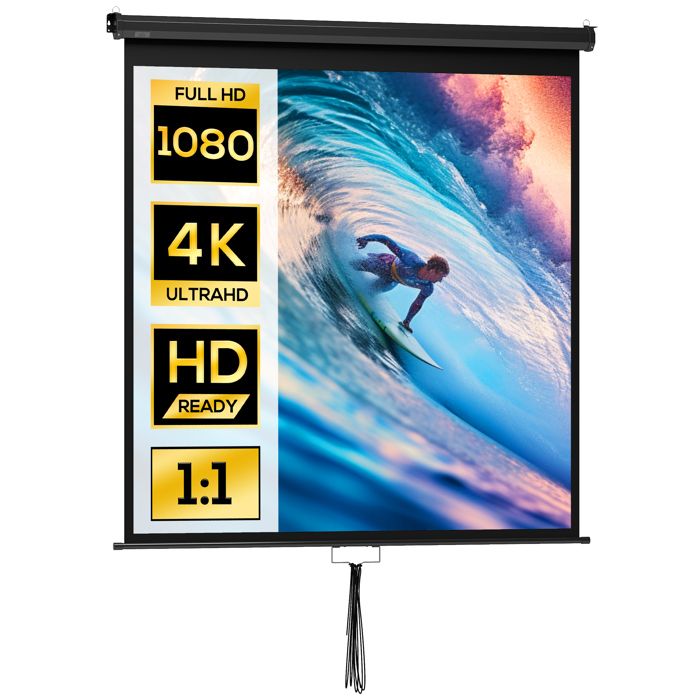Écran de projection - HOMCOM - 85 pouces home cinéma 1:1 4K HD fixation mur plafond - acier - 1625x8x162cm - noir