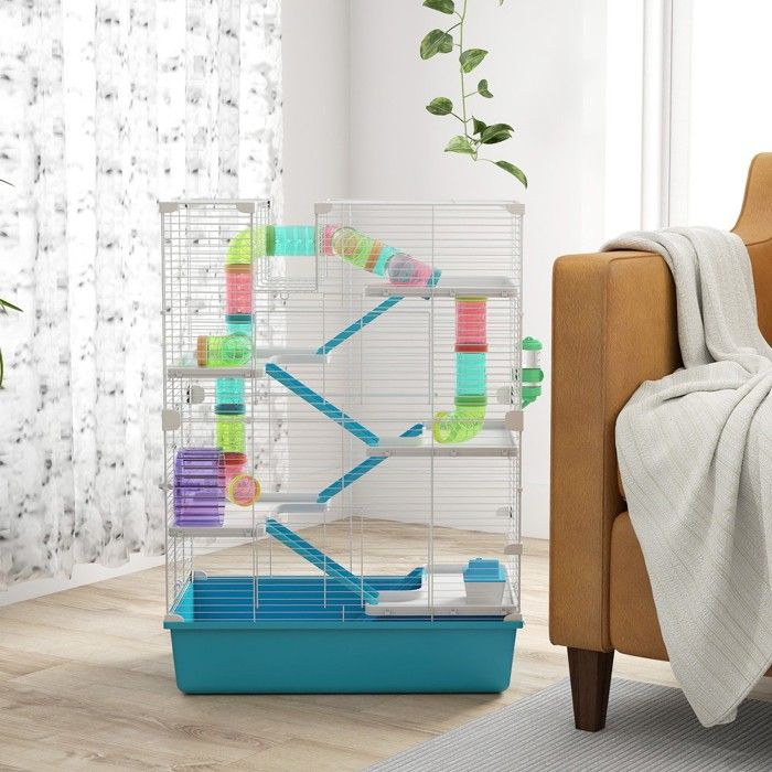 Comparer les prix de Cage 6 niveaux hamsters/gerbilles - Tubes tunnels cabane roue gamelle bouteille deau - 58x36x81cm - Bleu