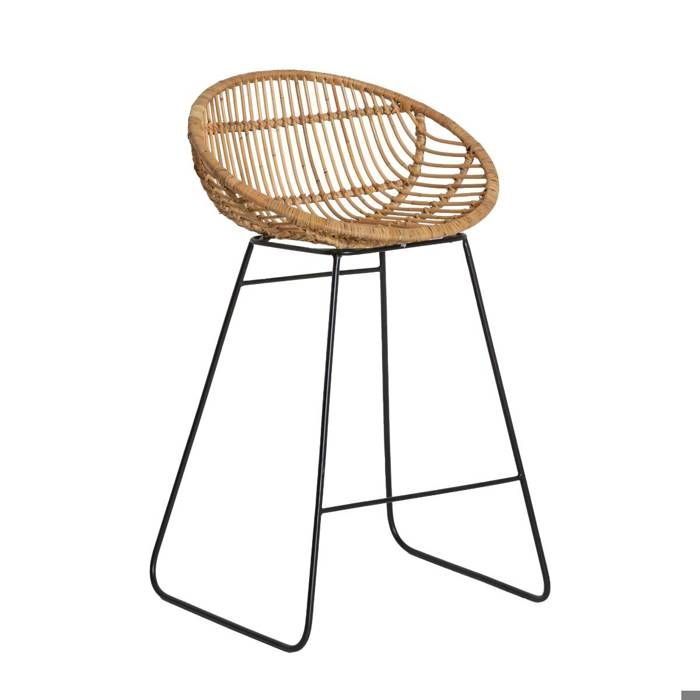 Tabouret de bar rond en rotin et métal Calvi