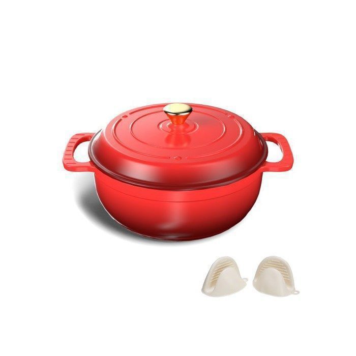 Cocotte - ALIGHTUP - Cocotte Fonte Émaillée ronde Avec 2 Gants de Cuisine en Silicone 26cm - Dégradé rouge