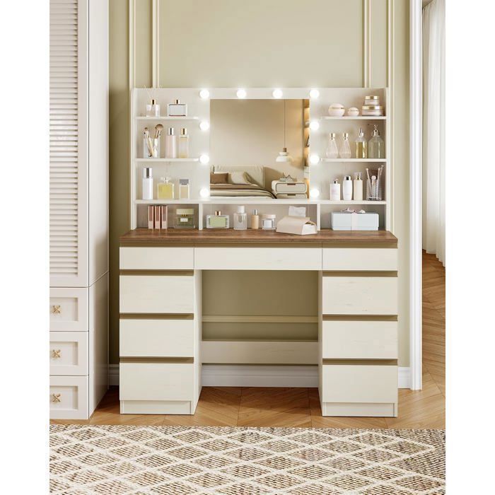 Grande Coiffeuse avec Éclairage LED 3 Couleurs Luminosité Réglable Miroir 9 Tiroirs et 9 Étagères Ouvertes Blanc-Marron