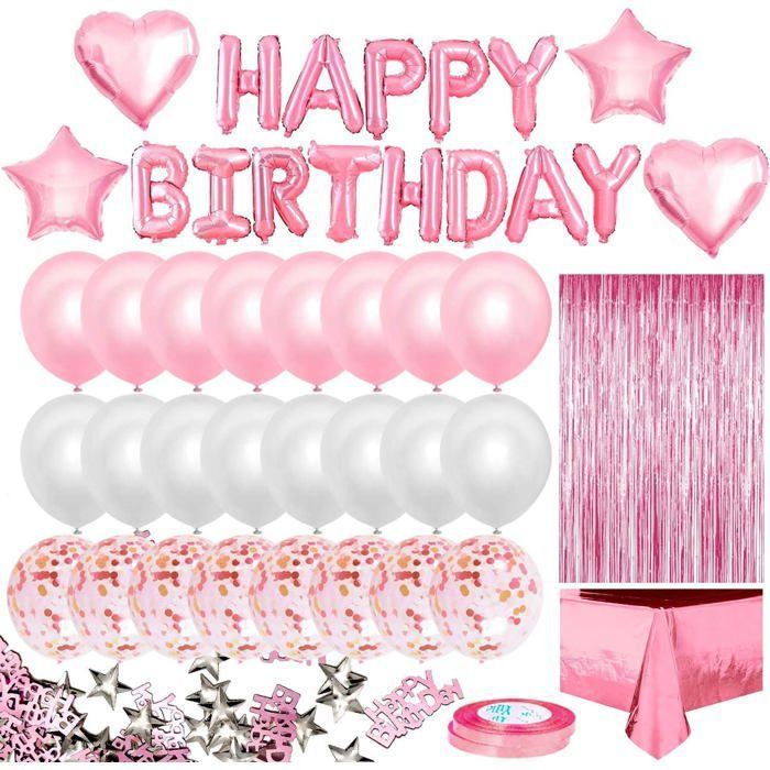 Anniversaire Fille Rose Ballon Banderole Joyeux Anniversaire Rideau Franges Nappes Ballon Anniversaire Etoile  KIT DE DECORATION
