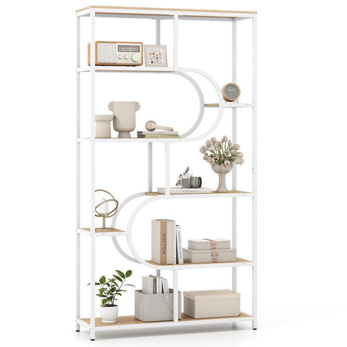 Bibliothèque 175 cm à 8 Niveaux COSTWAY Design en U Étagères Ouvertes de Rangement en Métal pour Salon Bureau Chambre Blanc