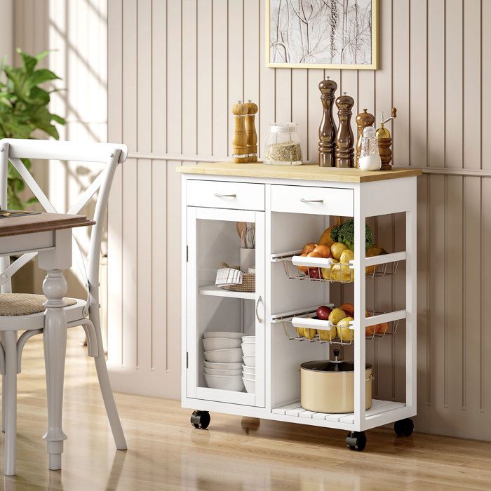 Desserte de cuisine à roulettes îlot central cuisine avec plateau en bambou porte vitrée 67 x 35 x 80 cm blanc