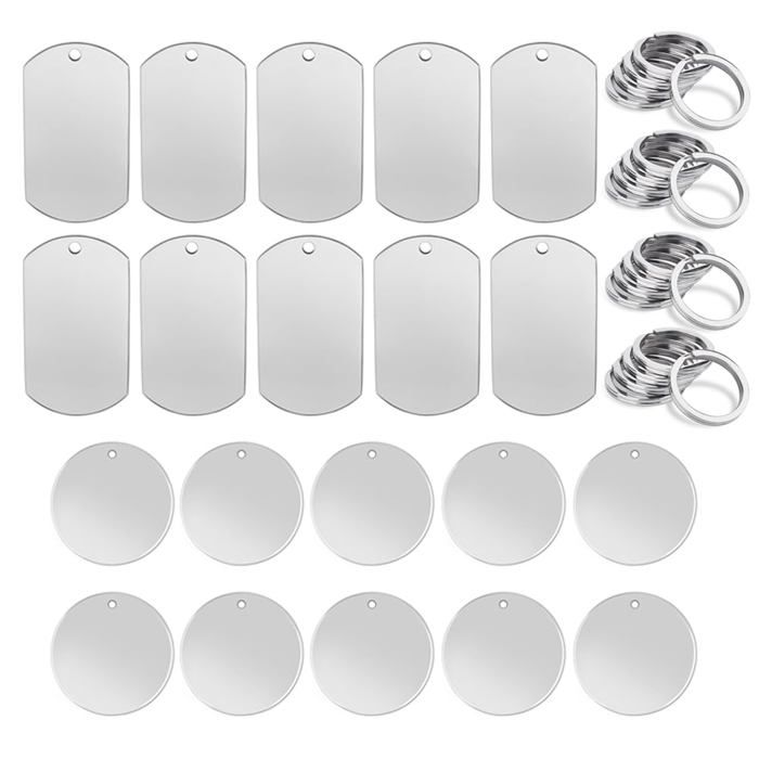 Comparer les prix de Étiquettes inoxydables vierges - 20 pièces 30mm/40x24mm rectangles/ronds médaille - Convient pour bricolage chiens Étiquette