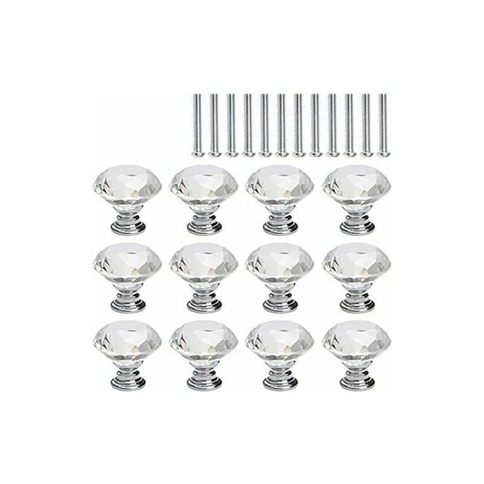 Bouton de meuble cristal - MICH - 12 pièces - Diamant de verre - Base en argent - 30 mm - Alliage de zinc