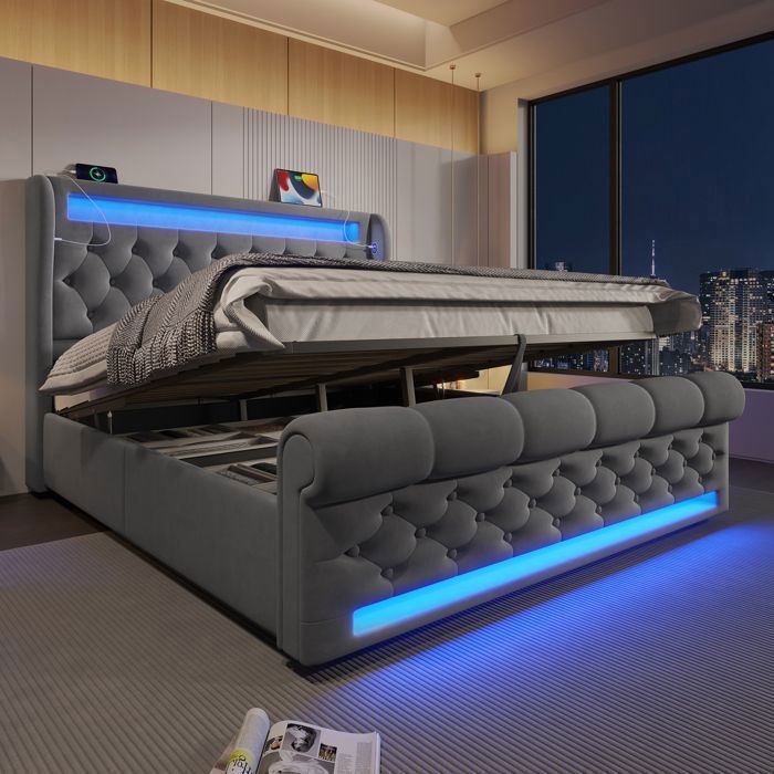 Lit coffre - Becag - Lit double 160x200cm avec LED et USB Type-C Lit adulte rembourré avec rangement hydraulique Velours Gris