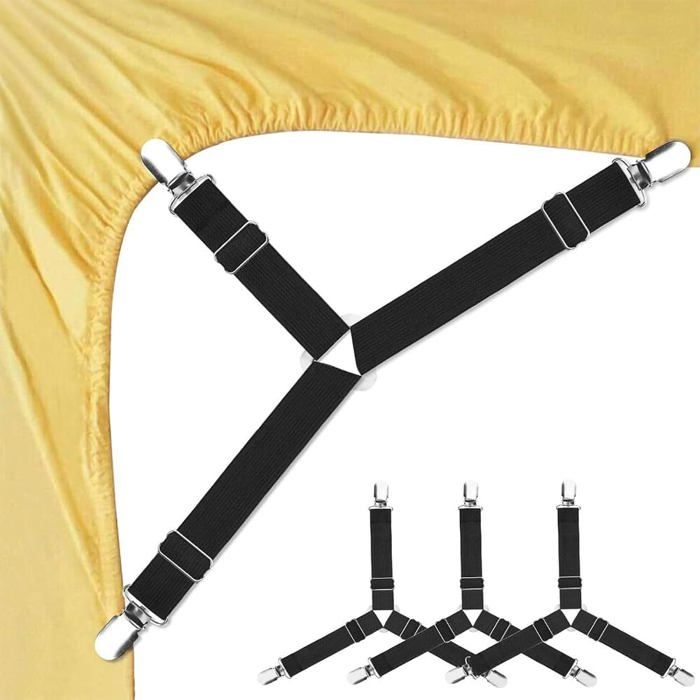 4 Pack Adjustable Elastic Ties with Metal Clips Fitted Bedding Straps Easy Install Strappy Mattress Firm and Tight Black