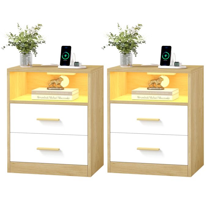 Lot de 2 Tables d’Appoint Modernes avec Tiroirs Lumières LED Multiprises et Ports USB pour Chambre Naturel et Blanc