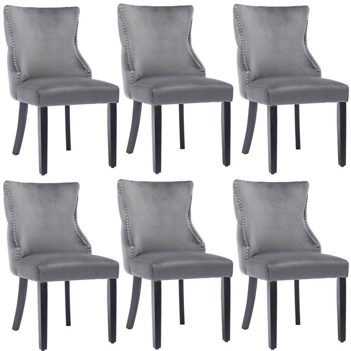 Lot de 6 chaises salle à manger gris velours capitonnées pieds en bois massif - 50×52×91 cm
