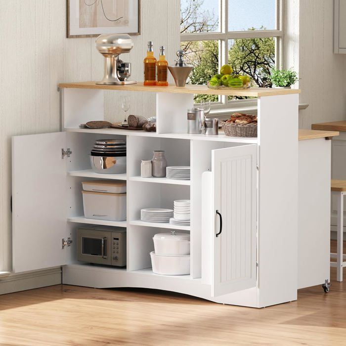 Îlot Central Cuisine - Desserte de Cuisine à roulettes - Coin Repas Extensible avec chaises - avec Plan de Travail Chariot - Blanc