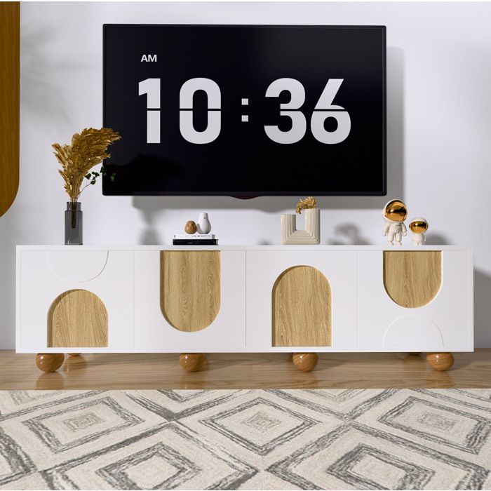 Meuble TV moderne blanc et bois naturel 4 portes et grands rangements