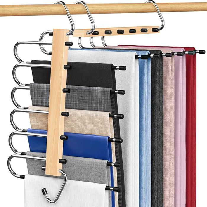 Lot de 2 cintres en bois naturel peu encombrants et pliables pour écharpes jeans et pantalons avec surface antidérap PORTE-PANTALON