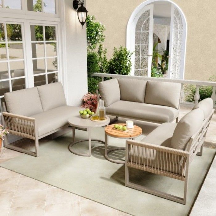 Salon bas de jardin extérieur pour 6-7 personnes – canapé d’angle avec cadre en fer galvanisé pieds réglables et tous les coussins