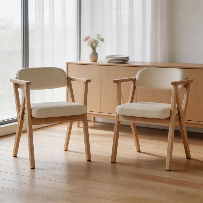 Chaise de salle à manger - Modèle pliable bois - Bois massif - Coussin respirant lin beige - Lot de 2