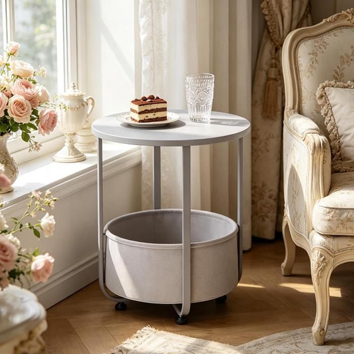 Table dappoint Ronde - BELLEMAVE - avec un Panier en Tissu - Meuble dappoint - Adapté à Multiples Espaces - 45×45×50 cm - Gris