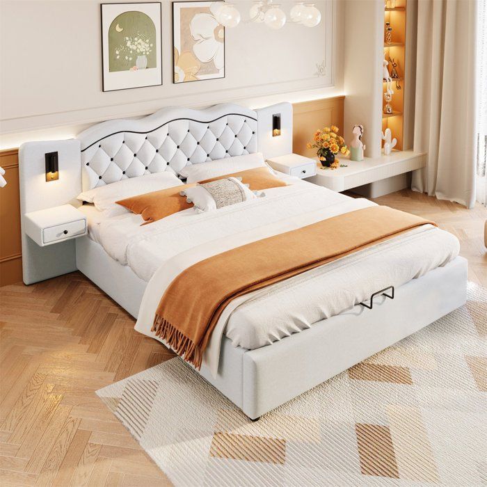 Lit 180x200 cm capitonné beige - relève-matelas hydraulique USB 2 lampes grand rangement