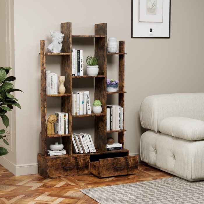 TOPESCT bibliothèque - avec 2 tiroirs+12 étagères de rangement - convient aux salons et aux bureaux - marron rétro présentoir