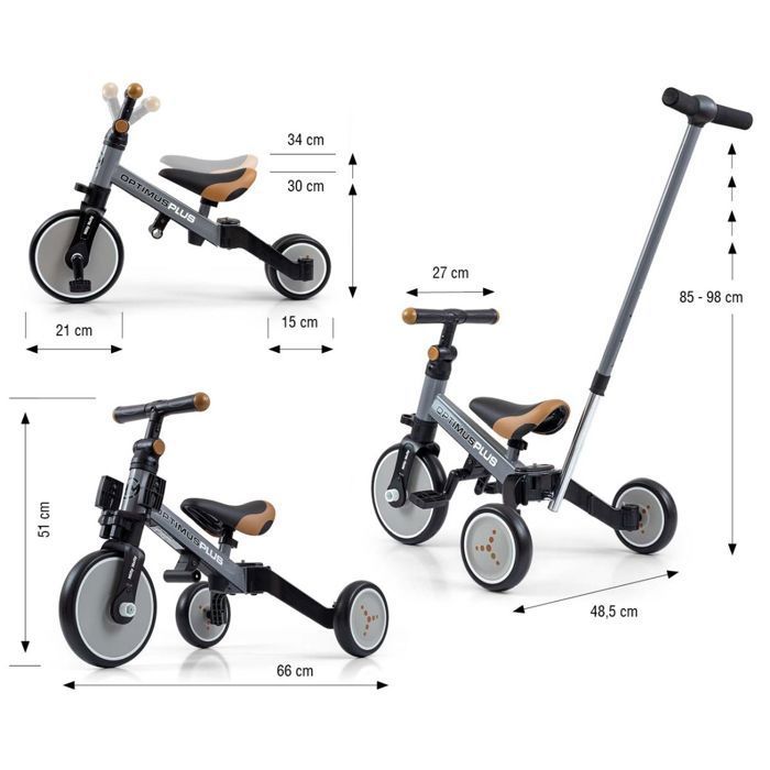Vélo 4-en-1 Optimus Plus Gris - MILLY MALLY - Marron - Plastique - Dès 3 ans