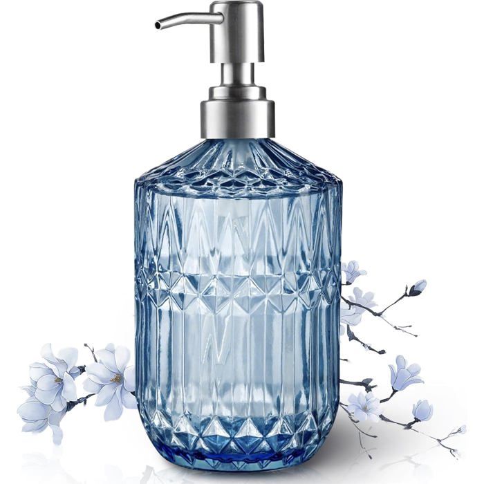 Distributeur de Savon en Verre Bleu Rechargeable 13 Oz Pompe en Acier Inoxydable Pour Savon à Main Liquide Vaisselle Lotion Cui